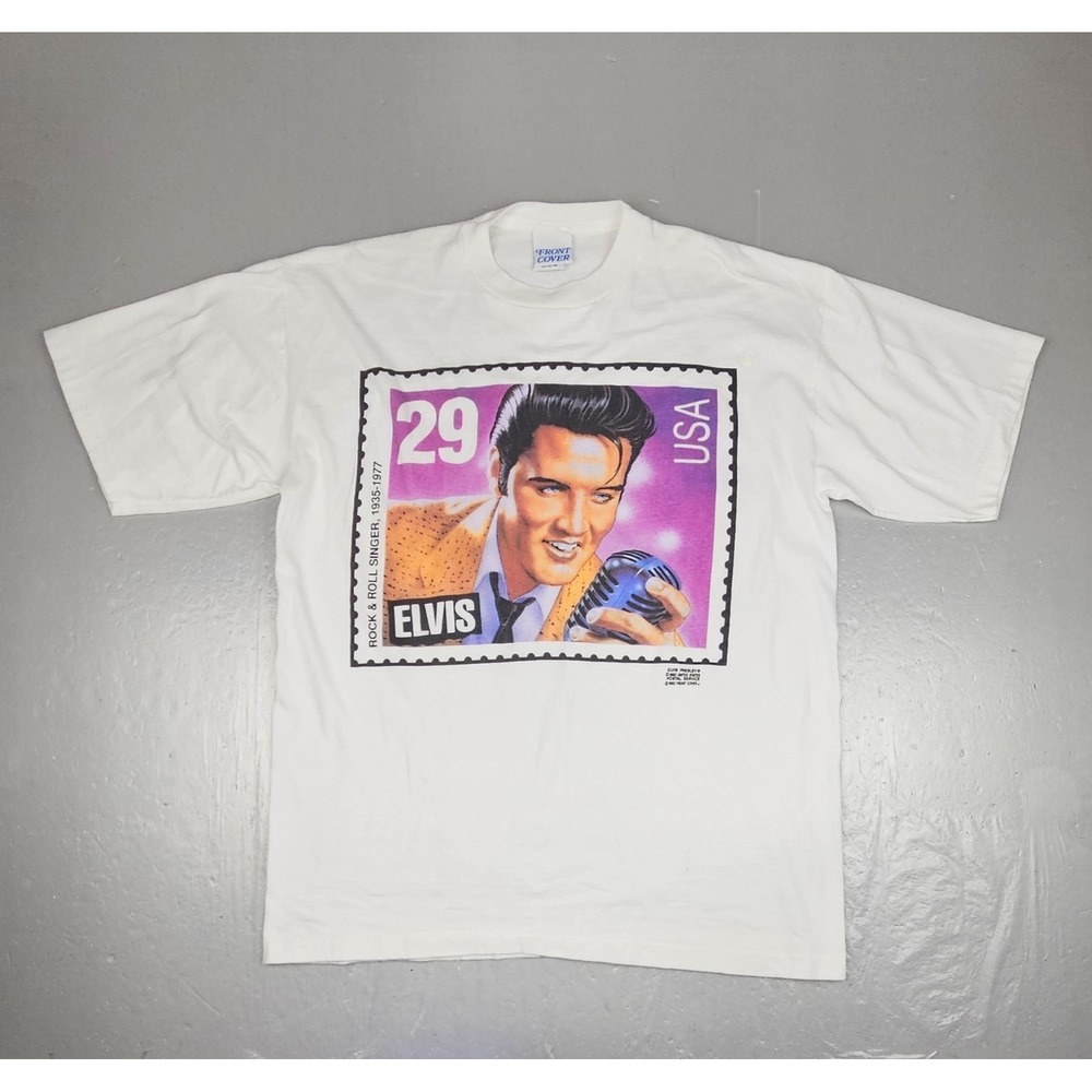 Vintage Elvis Presley Postage Stamp T-Shirt Mens Large White 1992 Rock Tee